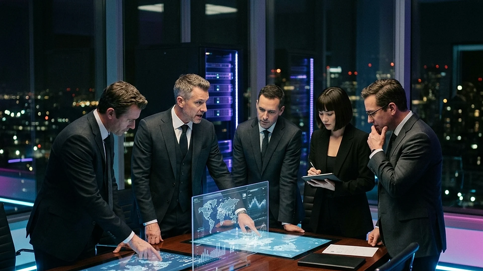 Executives around a boardroom table at night, studying a glowing holographic display — the world of Silicon Succession